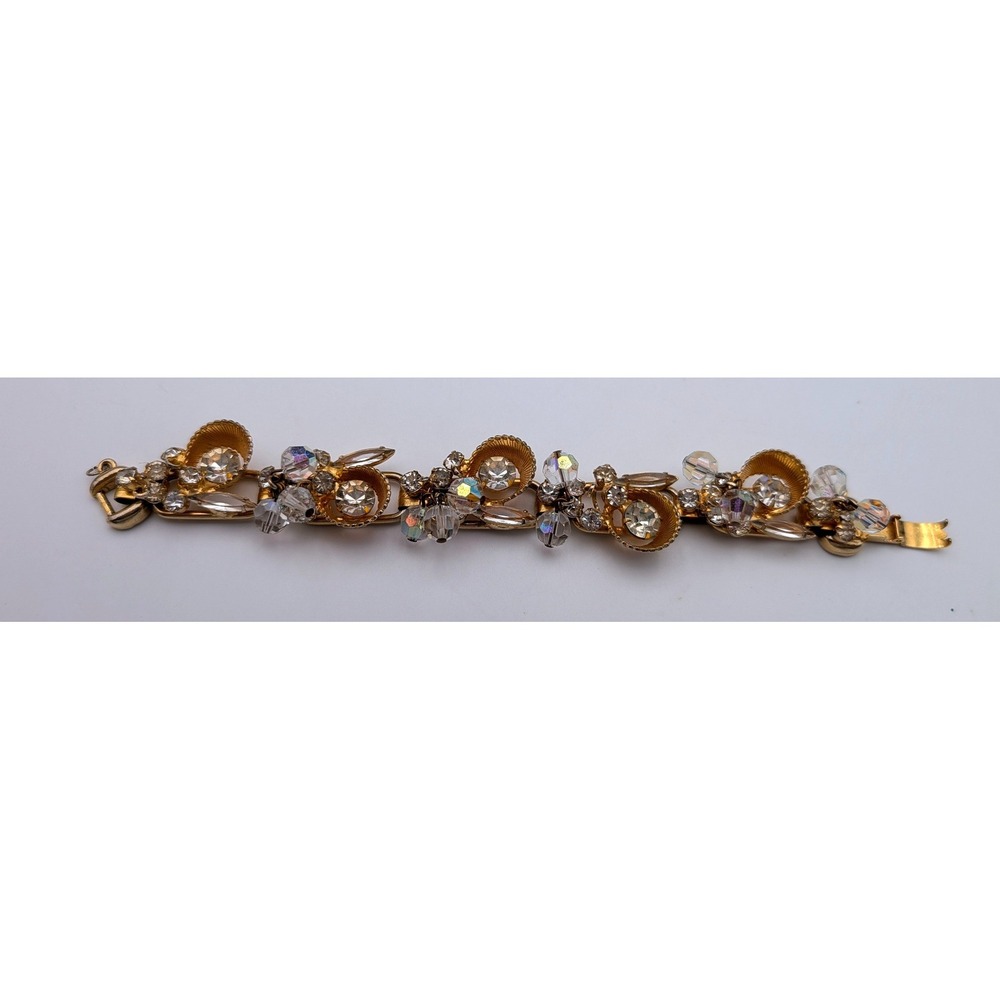 Vintage Gold Tone AB Crystal Rhinestone Link Bracelet Mid Century Glamour 7.75in - Picture 2 of 6